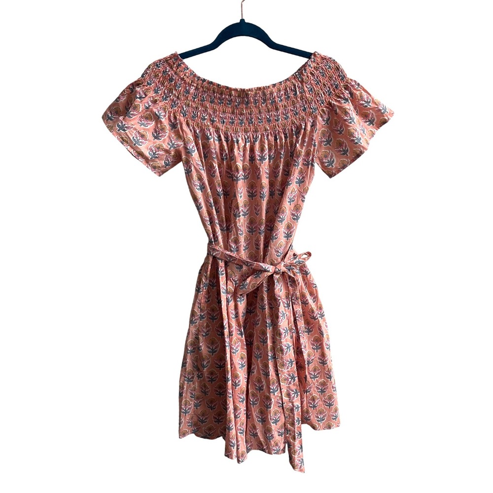 Marea Floral Block Print Dress Womens Small Pink Coastal Boho Smocked Mini NWOT - Picture 2 of 8